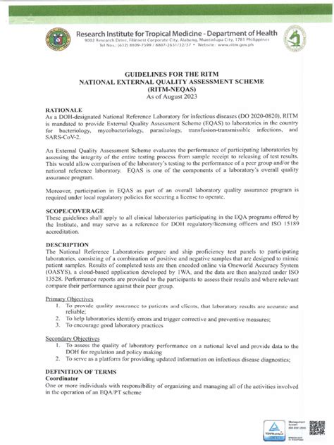 neqas ritm|GUIDELINES FOR THE RITM NATIONAL EXTERNAL QUALITY .